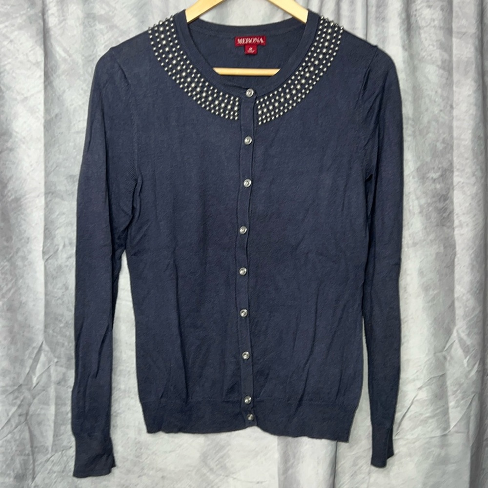 Merona Steel Gray-Blue Beaded Neck Button Down Cardigan Sweater - size MED - Picture 6 of 10